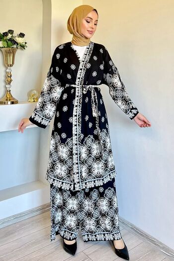 julude Viscose Hijab Kimono and Black Patterned Double Set