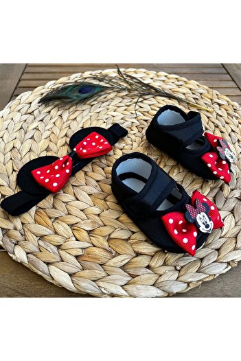 anne dokunuşu gibi KUZUM BEBE Mickey Mouse Siyah Bandanalı Kız Bebek Patik Ayakkabı