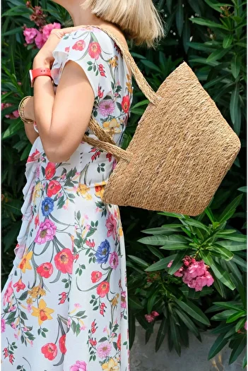 YUNUSOĞLU HOME 38 cm Zippered Straw Women's Bag - Beach, Hand and Shoulder Bag