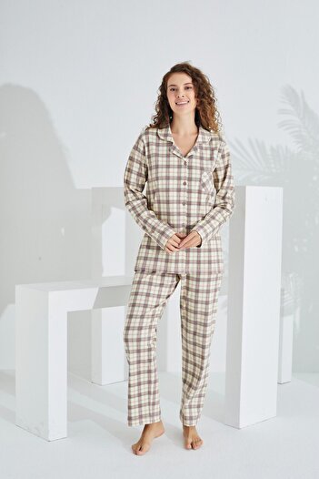 Etoile Plaid Patterned 100% Cotton Long Sleeve Women's Pajamas Set - Front Button 98225