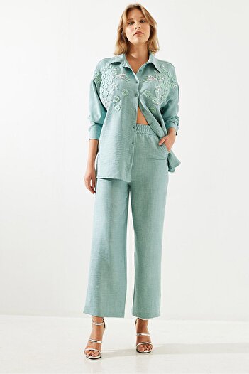 Bianco Lucci Linen Oversize Set - Floral Patterned Embroidery, Mbms029 60501029