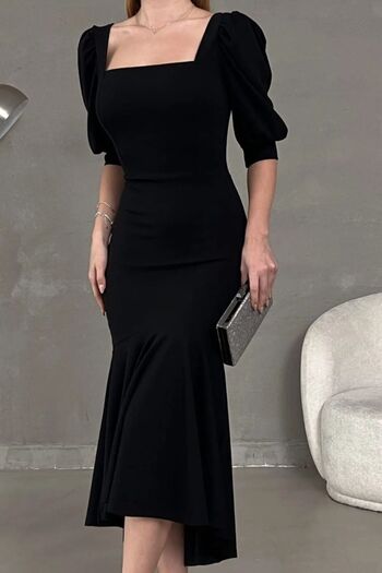 vuvutasarım Stretchy Crepe Fabric - Square Collar Black Midi Dress 582788