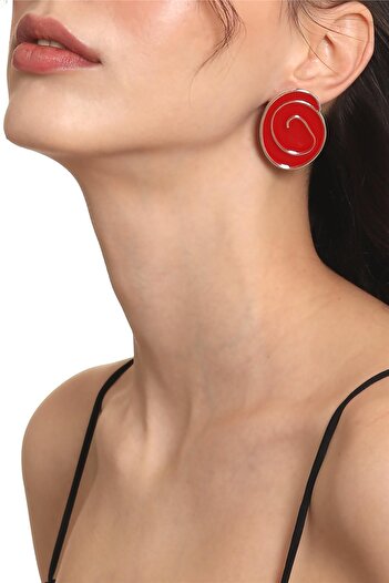 LABALABA Women's Silver Color Lacquer Plated Studded Model Red Enamel Earrings