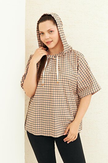 Curly Orange Plaid Hooded Blouse