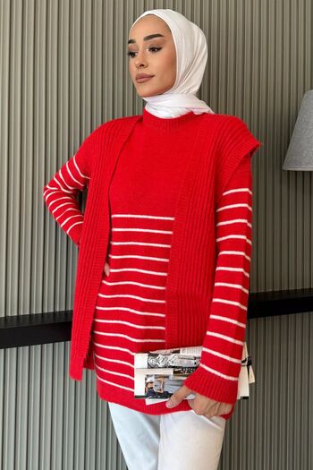 julude Red Hijab Knitwear Sweater with Crew Neck Stripes and Scarves