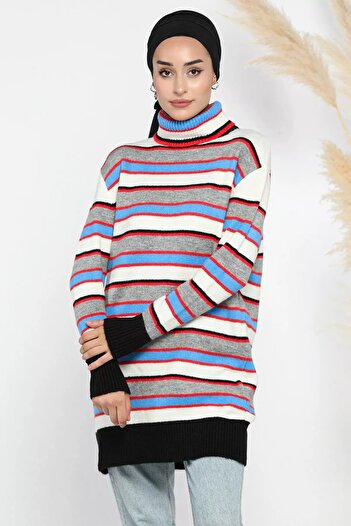 julude Full Turtleneck Gray Striped Winter Knitwear Tunic