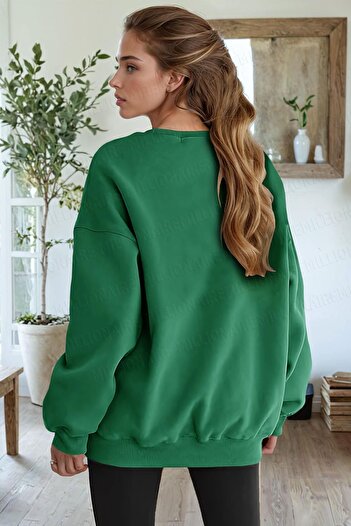 Millionaire Kadın Yeşil Boston 00 Baskılı 0 Sıfır Yaka Oversize Salaş Bol Kesim Polar Sweatshirt