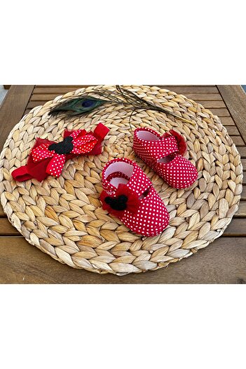 anne dokunuşu gibi KUZUM BEBE Mickey Mouse Kırmızı Puantiyeli Bandanalı Kız Bebek Patik Ayakkabı