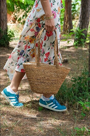 YUNUSOĞLU HOME 38 cm Zippered Straw Women's Bag - Beach, Hand and Shoulder Bag