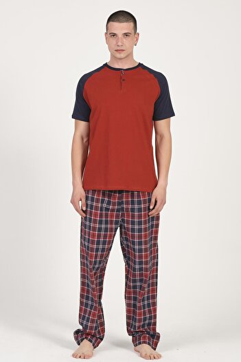 DOFİ Men's Red Navy Blue Large Size Summer Pajamas Set Plaid Patterned with Pockets