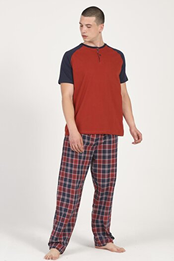 DOFİ Men's Red Navy Blue Large Size Summer Pajamas Set Plaid Patterned with Pockets