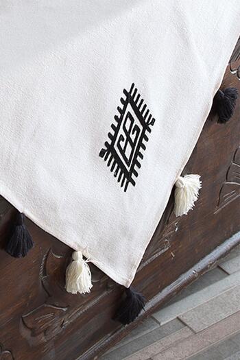 ÖDEL HOME Buldan Fabric Embroidered Tablecloth with Pompom Detail