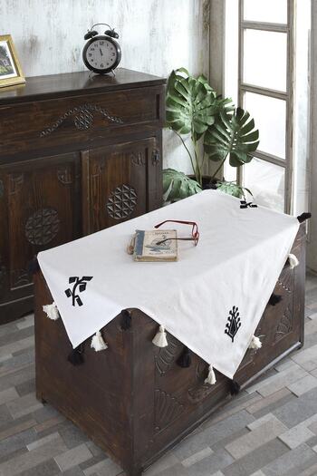 ÖDEL HOME Buldan Fabric Embroidered Tablecloth with Pompom Detail