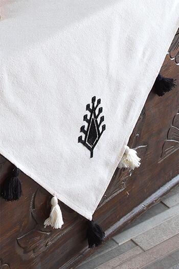 ÖDEL HOME Buldan Fabric Embroidered Tablecloth with Pompom Detail