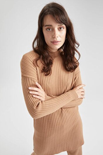 DeFacto Women's Beige Regular Fit Turtleneck Knitwear Tunic V0561AZ21AU