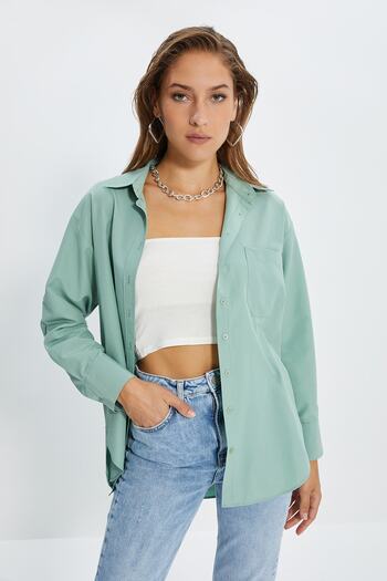 Trendyol Collection Menta egyzsebű barát/széles szabású pamut szőtt ing TWOAW20GO0115