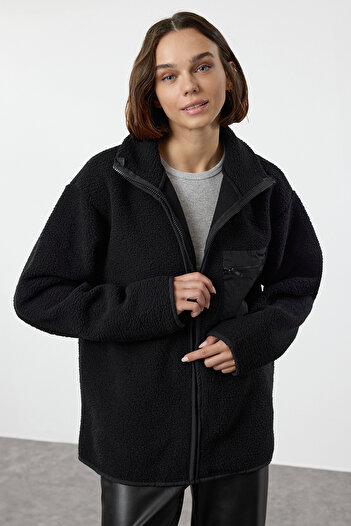 Trendyol Collection Černá fleecová mikina na zip s dlouhým rukávem - Twoaw24sw00071