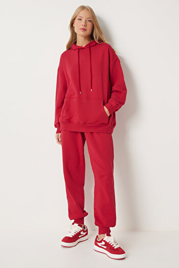 Happiness İstanbul Red Hooded Sweatshirt and Jogger Tracksuit Set - Pys0027