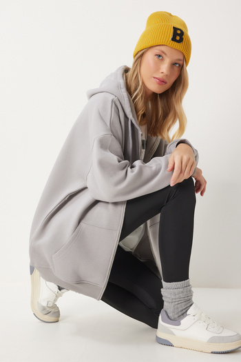 Happiness İstanbul Women's Smoked Hooded Zippered Oversize Sweatshirt UB00124