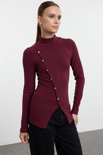 Trendyol Collection Μπλούζα με ελαστικό κορδόνι μπορντό πλεκτή - λεπτομέρεια με κουμπιά, εφαρμοστό Twoaw25Bz00224