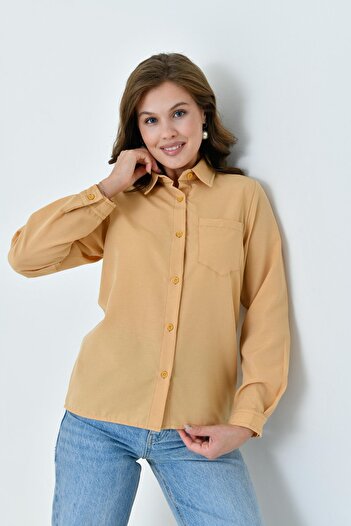 enmodaiçgiyim Γυναικείο πουκάμισο Camel Color Short Basic – Κομψό, ίσιο κόψιμο, για καθημερινή χρήση και χρήση γραφείου με τσέπες