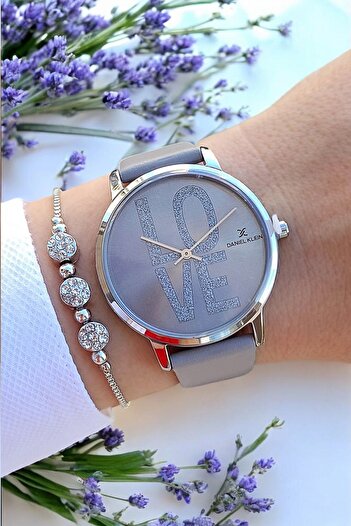 Daniel Klein Gray Jewelled Leather Women's Wristwatch and Bracelet Set
