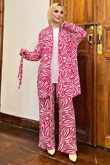 julude Fuchsia Hijab Trousers and Blouse Patterned Kimono Triple Set