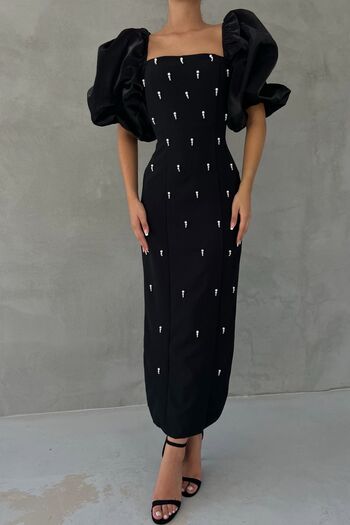 Seda Yalçın Atelier Pearl Detailed Black Princess Sleeve Zipper Dress
