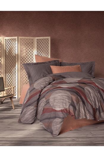 Cotton Box Ranforce 100% Cotton Brown-Gray Circle Patterned Single Duvet Cover Set - Modern and Warm Design