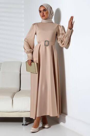 PERADO Beige Satin Belt Detailed Women's Dress