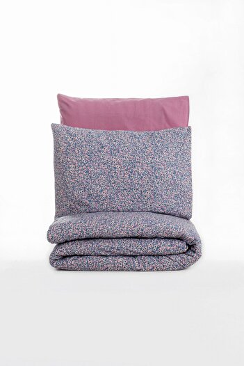 Cotton Box %100 Pamuk Tek Kişilik Nevresim Takımı - Gül Kurusu & Mavi Minimal Çiçek Desenli Nevresim Seti