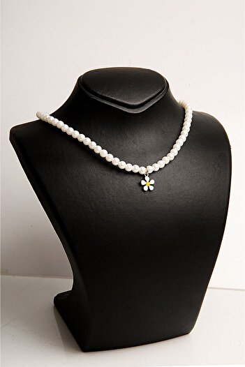 EUROMODA Pearl Beaded Daisy Design Necklace and Earring Jewelry Set