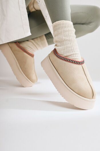 Limoya Mhy Beige Suede Thick Soled Winter Women's Slippers