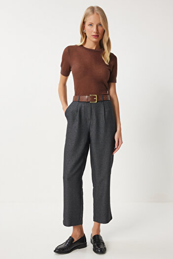 Happiness İstanbul High Waist Anthracite Pleated Women's Woven Trousers - Fn03376