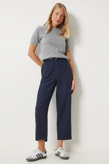 Happiness İstanbul Navy Blue High Waist Pleated Women's Woven Trousers - Fn03376