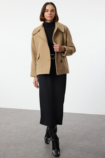 Trendyol Collection Beige Short Woolen Jacket Coat - Twoaw25Kb00073