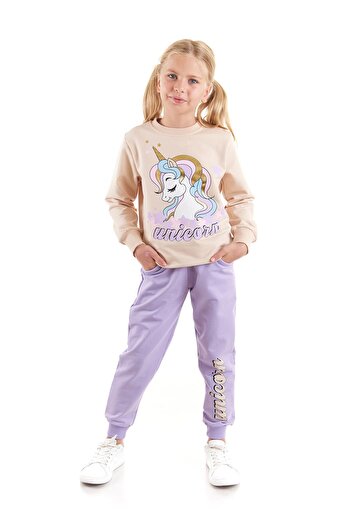 AHENGİM Unicorn Printed Girls' Cotton Sweatshirt and Sweatpants Set - Ak2541