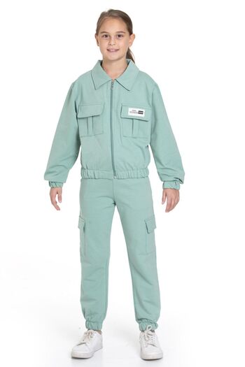 zepkids Polo Collar Long Sleeve Cargo Pocket Elastic Cagla Green Color Girl's Tracksuit Set