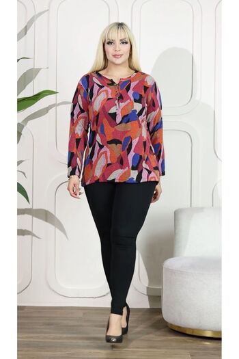 HÜLYA BUTİK Plus Size Pink Geometric Patterned Dominant Collar Knitwear