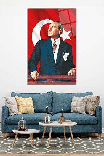 Vosevu Atatürklü Türk Bayrağı Cam Tablo, Modern Ev Ofis Dekoru, Hediyelik Duvar Dekorasyonu, Kırılmaz Cam