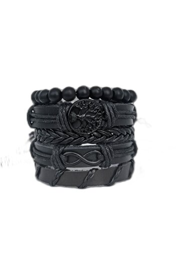 BSN Store Life Tree and Infinity Black Figured 5-Piece Real Leather Bracelet