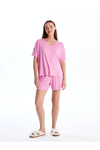 LC Waikiki LCW DREAM Pembe Leylak V Yaka Düz Kısa Kollu Kadın Şortlu Pijama Takımı