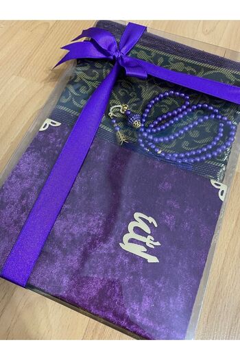 AYHANHOME Bundle Taffeta Fringed Purple Prayer Rug, Yasin, Prayer Beads Set