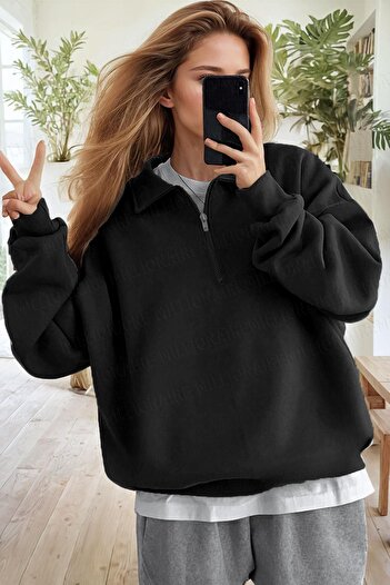 Millionaire Kadın Siyah Yarım Fermuar Polo Yaka 3 Iplik Içi Polarlı Şardonlu Oversize Sweatshirt