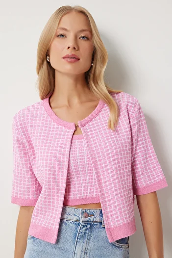 Happiness İstanbul Pink Knitwear Crop Cardigan and Top Set - Pf00093