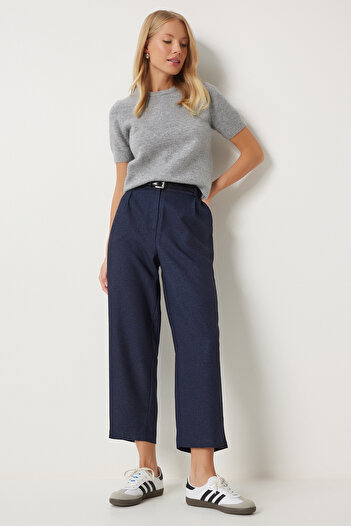 Happiness İstanbul Navy Blue High Waist Pleated Women's Woven Trousers - Fn03376
