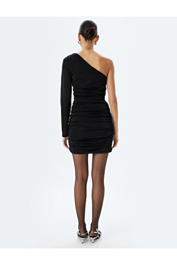 Koton Tek Omuz Abiye Elbise Mini Drapeli Parıltılı Metalik Görünümlü Slim Fit