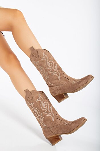 Tonny Black Γυναικείες μπότες Western Long Cowboy με κεντημένη σόλα Mink Suede Thermo