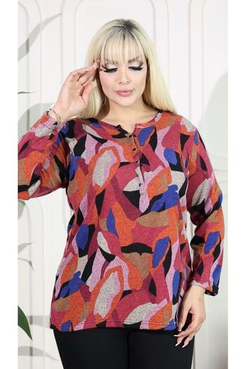 HÜLYA BUTİK Plus Size Pink Geometric Patterned Dominant Collar Knitwear