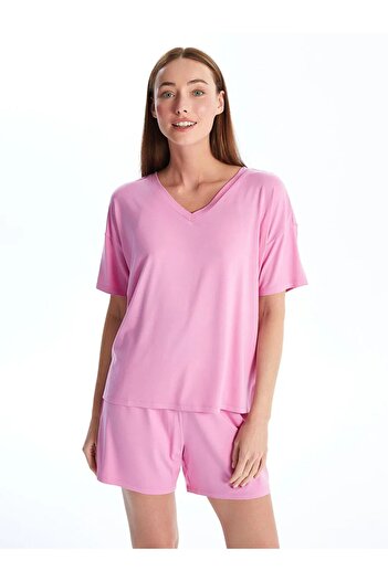LC Waikiki Lcw Dream Pink Lilac V-Neck Solid Short Sleeve Women's Shorts Pajamas Set